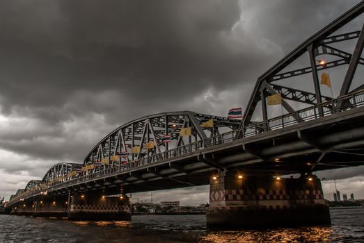 Bangkok, thailand 21 Jul, 2019 : A great scenery evening view of the Phra Phuttha Yodfa Bridge (Memorial Bridge). Vintage Style.