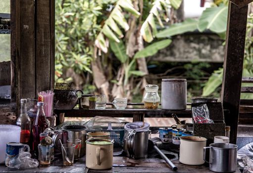 Samut Sakhon, Thailand - Nov 02, 2019 : local cafe -decorated with vintage wooden furniture and antique goods, Making a traditional Thai Coffee and Tea on counter for sale at street food market, vintage style, Selective focus.