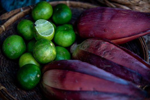 lemon and banana blossom, Side dishes for Fried noodle Thai style (pad thai), Thai noodle Delicious, Selective focus.