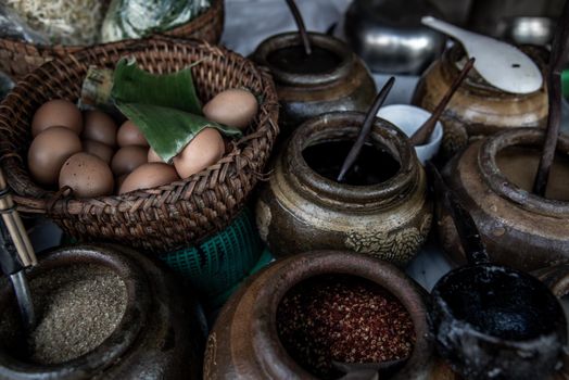 Ingredients and flavorings for Pad Mee Korat (Stir-Fried Noodle Thai Korat style) Mee Korat is the name of the local region in Thailand, Selective focus.