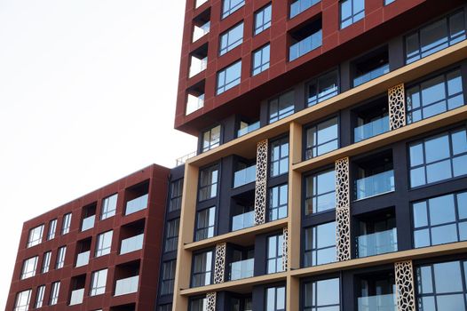 Varna, Bulgaria - March, 01, 2021: modern futuristic facade of a residential building in the park panorama complex