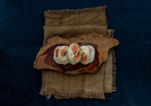 Chinese Pastry (Happiness pastry) on wooden. This type of traditional chinese pastry is typically shared with friends and relatives during happy occasions, especially wedding ceremonies, Top view.
