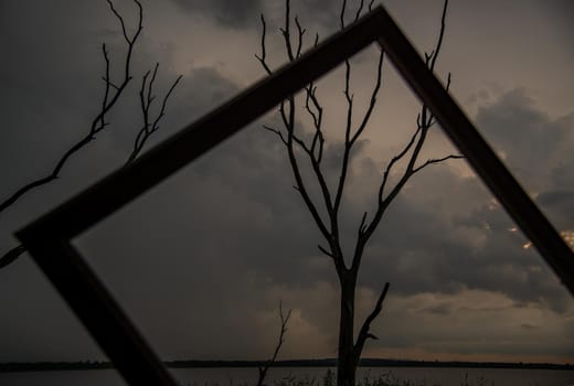Portrait of landscape of sunset sky with dry tree looking through at empty photo frame at Bang Pra reservoir at Chonburi Province, Thailand