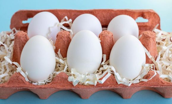 Six white fresh organic eggs in a beige eco-friendly cardboard egg container on a blue background. Easter concept, ecology, zero waste.