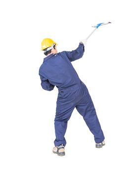 Young man in uniform hold mop for cleaning glass window, Cut out isolated on white background with clipping path