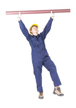 Young plumber in uniform holding pvc pipe isolated on white background