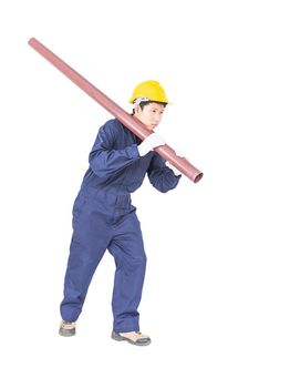 Young plumber in uniform holding pvc pipe isolated on white background  with clipping path