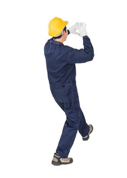 Portrait of a workman with blue coveralls and hardhat in a uniform on white background with clipping path