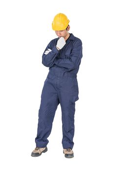 Portrait of a workman with blue coveralls and hardhat in a uniform on white background with clipping path