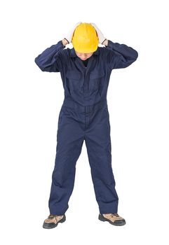 Portrait of a workman with blue coveralls and hardhat in a uniform on white background with clipping path