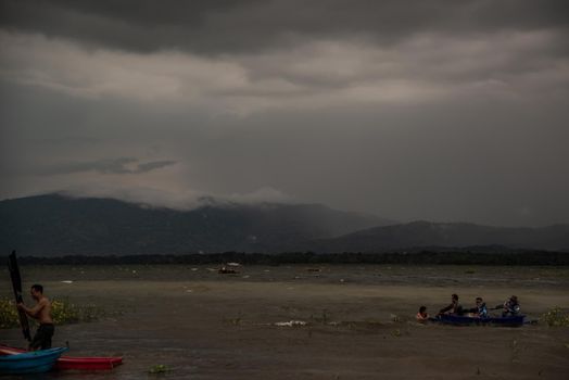 Chonburi, thailand - Oct 05, 2019 : The beauty of Bang Phra Reservoir on the background of misty capped mountains, Chonburi Province, Thailand
