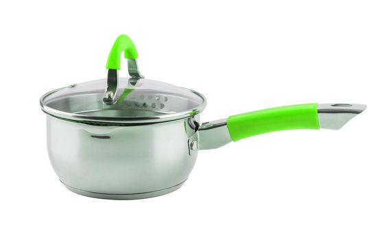 small shiny stainless steel pot with green silicon handle and glass lid - isolated on white background