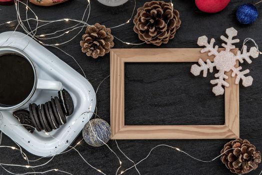 Christmas decoration with Empty wooden frame for work about design element.  Selective focus, Top view, copy space