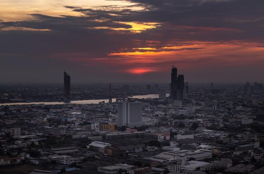 Bangkok, thailand - Mar 06, 2020 : Beautiful view of Bangkok city, Beauty skyscrapers along Chaopraya river in the evening, making the city modern style. Selective focus.