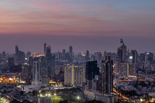 Bangkok, thailand - Mar 06, 2020 : Sky view of Bangkok with skyscrapers in the business district in Bangkok in the evening beautiful twilight give the city a modern style. Selective focus.