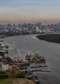 Bangkok, thailand - Mar 06, 2020 : Beautiful view of Bangkok city, Beauty skyscrapers along Chaopraya river in the evening, making the city modern style. Selective focus.