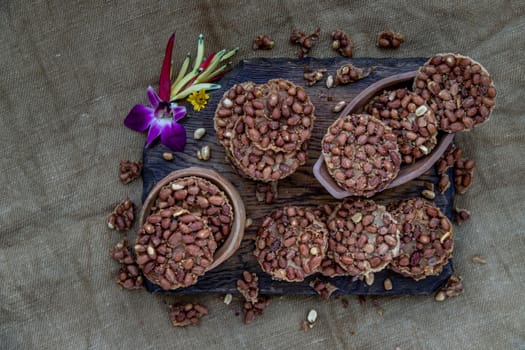 Traditional Thai Snack : Peanut crackers made from nuts and flour to fry, Deep Fried Bean cookies peanut, Top view, copy space.