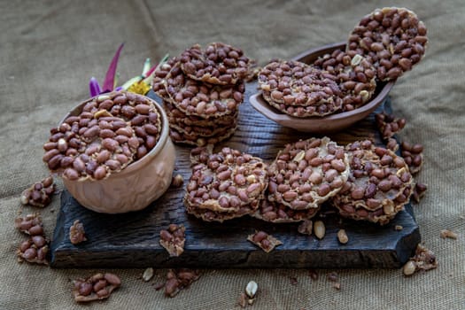 Traditional Thai Snack : Peanut crackers made from nuts and flour to fry, Deep Fried Bean cookies peanut, Oblique view from the top,