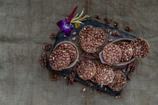 Traditional Thai Snack : Peanut crackers made from nuts and flour to fry, Deep Fried Bean cookies peanut, Top view, copy space.