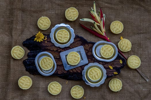 A dish of Delicious Thai Traditional Dessert called Thua Kwan (Mung Bean Cookies), Top view.