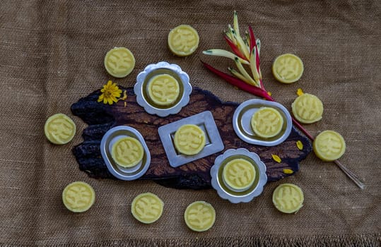 A dish of Delicious Thai Traditional Dessert called Thua Kwan (Mung Bean Cookies), Top view.