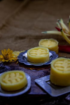 A dish of Delicious Thai Traditional Dessert called Thua Kwan (Mung Bean Cookies), Oblique view from the top, copy space.