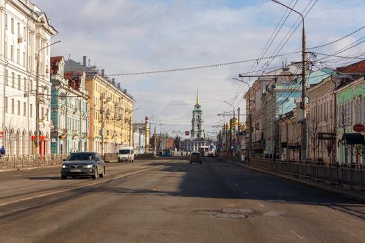 Tula, Russia - March 21, 2021: View from main street on Tula city in Russia.