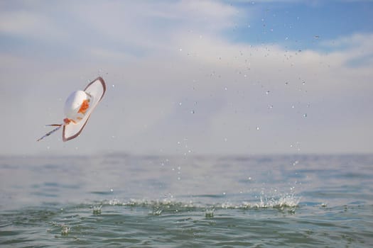 Flying hat on the background of the sea