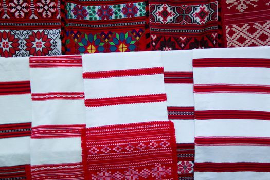 Embroidered Belorussian towels. Embroidery. National pattern.Slavic ornament on fabrics and towels