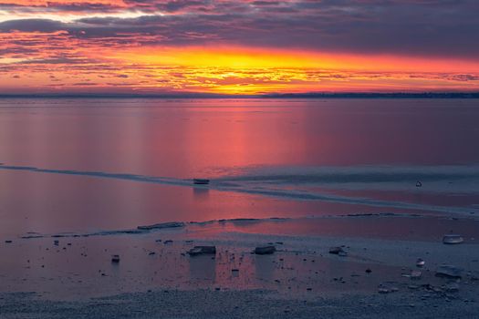 Colorful and Beautiful Sunset Over Lake Balaton in Hungary in wintertime