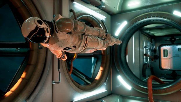 An astronaut in zero gravity checks the module of his spaceship. View of the spacecraft with an astronaut.