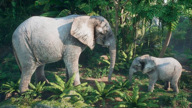 An African elephant with a baby elephant is eat plants in the green jungle. A look at the African jungle.