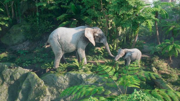 An African elephant with a baby elephant is eat plants in the green jungle. A look at the African jungle.