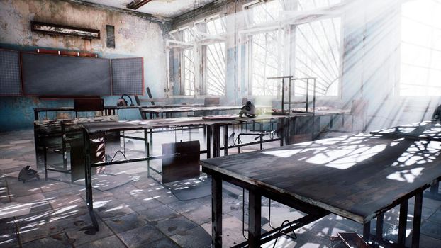 Abandoned ruined school with rubbish on the dusty floor. View of an abandoned apocalyptic school.