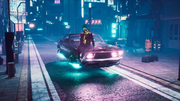 The girl relaxes while sitting on a futuristic car standing on the neon street of the city of the future. View of an future fiction city. Sci-fi cyber world concept.