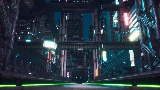 Night city of the future with neon lights, futuristic trains and flying cars. View of an future fiction city. Sci-fi cyber world concept. 3D Rendering.