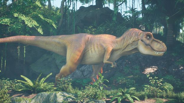 The Tyrannosaurus Rex dinosaur slowly creeps up on its prey in a thicket of green prehistoric jungle. View of the green prehistoric jungle forest on a Sunny morning.