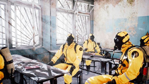 Survivors in special suits after a nuclear war or a deadly viral pandemic meet in a destroyed building. Post-apocalyptic world concept. View of an abandoned apocalyptic school.