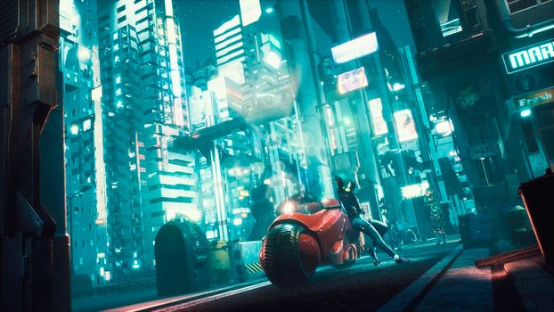 Police robots are slowly approaching the cyber girl standing next to her futuristic motorcycle. View of an future fiction city. Post-apocalyptic cyber world concept.