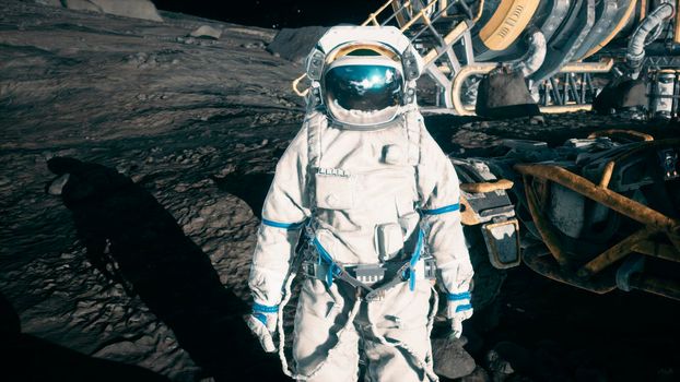 An astronaut stands beside his lunar rover at the space moon base. View of the future lunar colony.