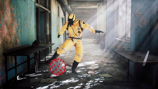 A man in a special suit destroys a coronavirus infection with one blow. Post-apocalyptic world concept. View of an abandoned apocalyptic house.
