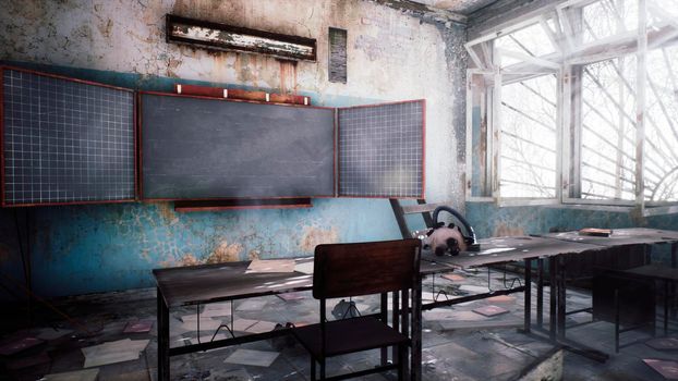 Abandoned ruined school with rubbish on the dusty floor. View of an abandoned apocalyptic school.