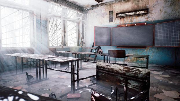Abandoned ruined school with rubbish on the dusty floor. View of an abandoned apocalyptic school.