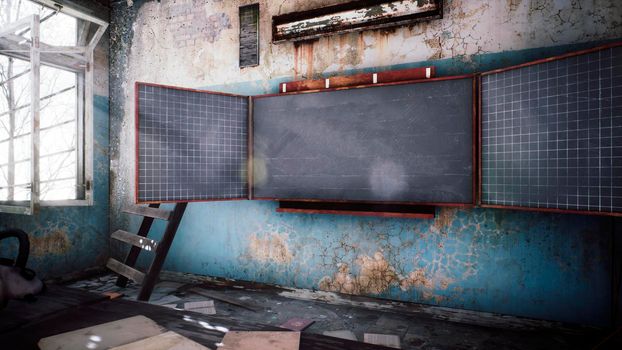 Abandoned ruined school with rubbish on the dusty floor. View of an abandoned apocalyptic school.