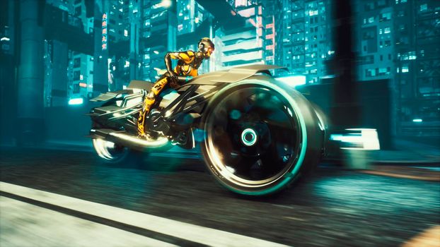 Cyborg rides a huge speed on the motorcycle of the future through the neon streets of the night cyber city. A view of the neon sci-Fi city. Post-apocalyptic cyber world concept.