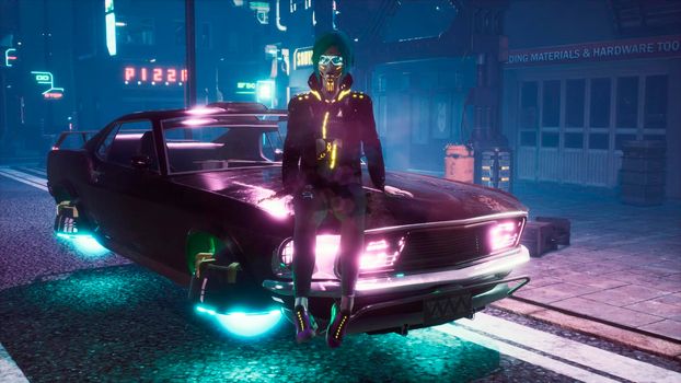 A girl is resting on the hood of her flying car in the middle of the night street of a neon cyber city. View of an future fiction city. Sci-fi cyber world concept.