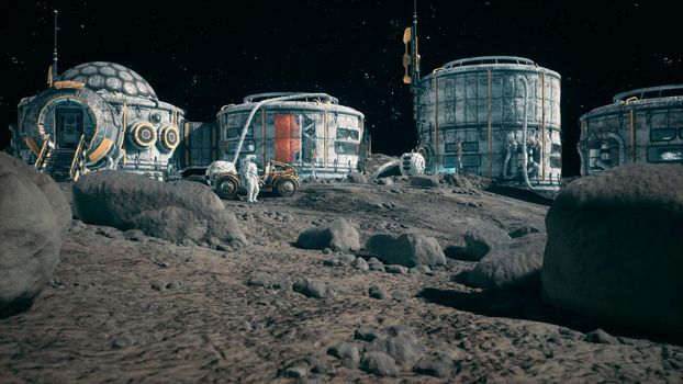 View of the lunar surface, lunar colony and astronauts working at the space base next to the lunar rover. View of the future lunar base.