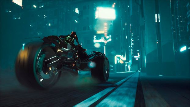 Cyborg rides a huge speed on the motorcycle of the future through the neon streets of the night cyber city. A view of the neon sci-Fi city. Post-apocalyptic cyber world concept.