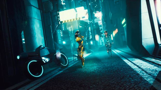 Cyber soldier walks through the dark streets of the cyber city of the future. View of an future fiction city. Post-apocalyptic cyber world concept.