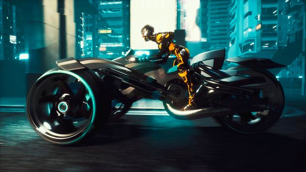 Cyborg rides a huge speed on the motorcycle of the future through the neon streets of the night cyber city. A view of the neon sci-Fi city. Post-apocalyptic cyber world concept.